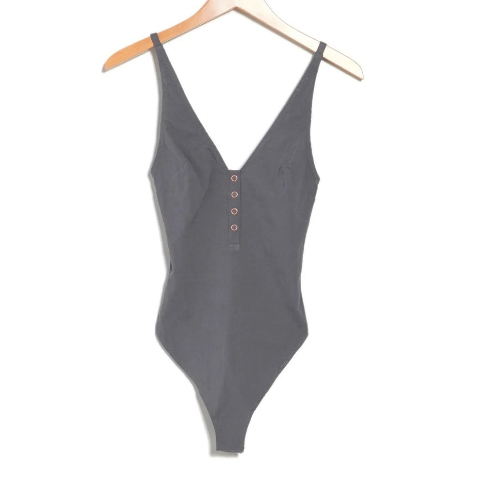 Intimately Free People Gray Henley Bodysuit Textured V-Neck Thong M